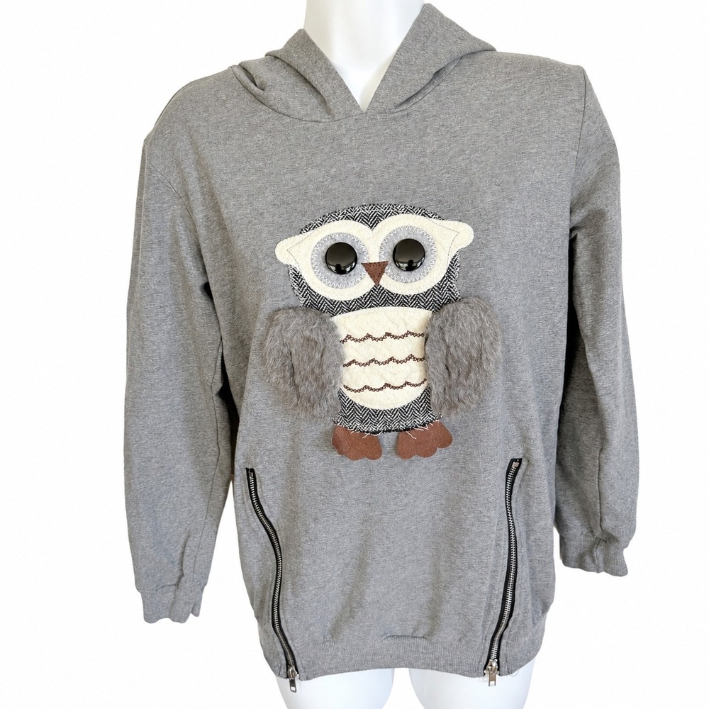 WardWolf Gray Owl Applique Hoodie Faux Fur Detail Side Zips Sweatshirt Womens
